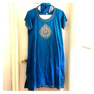 Raw silk blue salwar kameez Pakistani dress